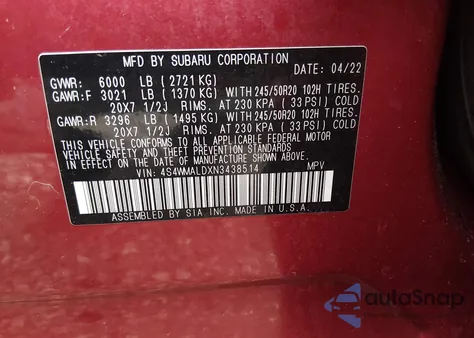 2022 Subaru Ascent Limited z USA, uszkodzony, nr VIN 4S4WMALDXN3438514